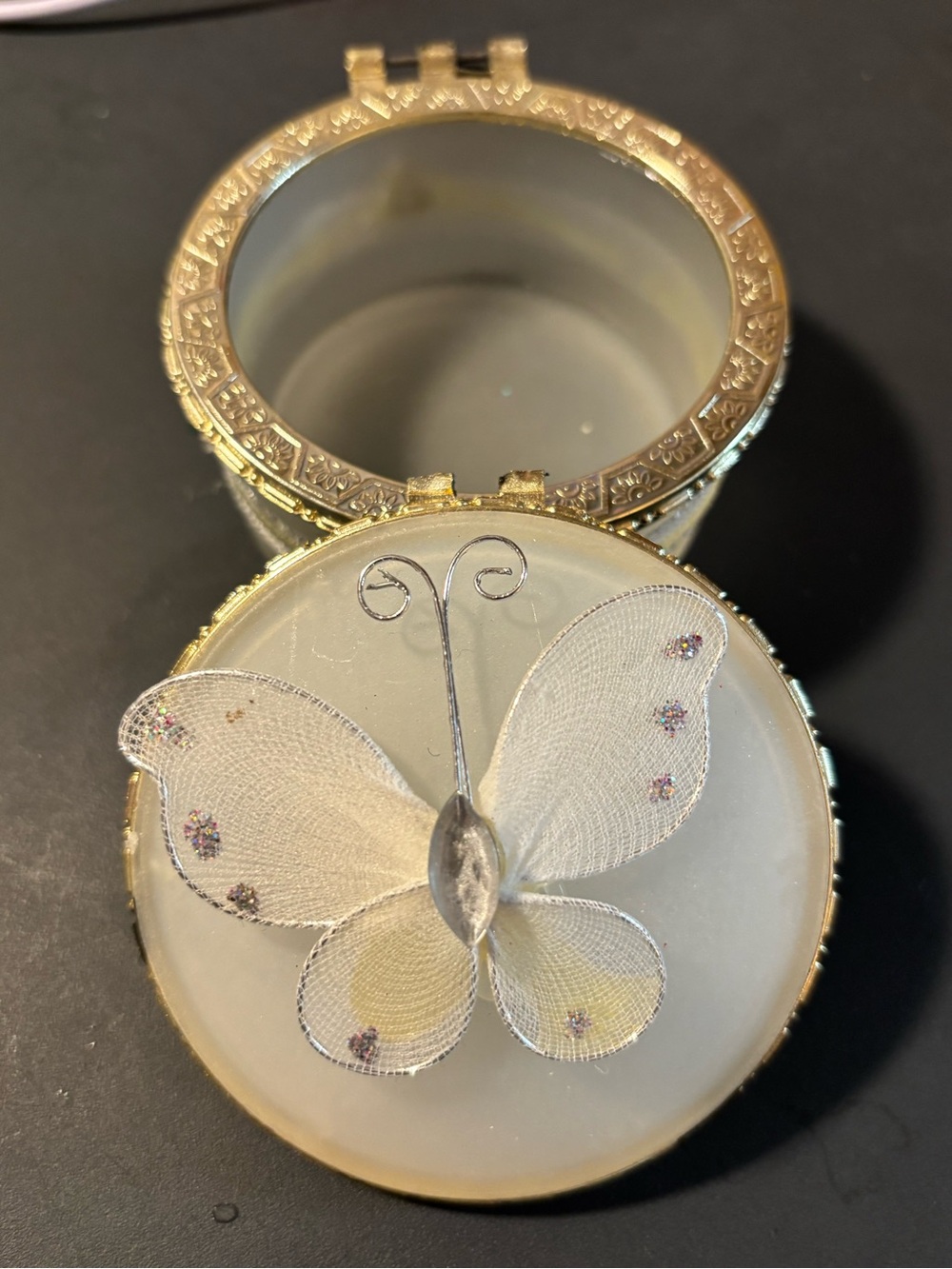 Gold Jewelry Trinket Box with White Butterfly Accent